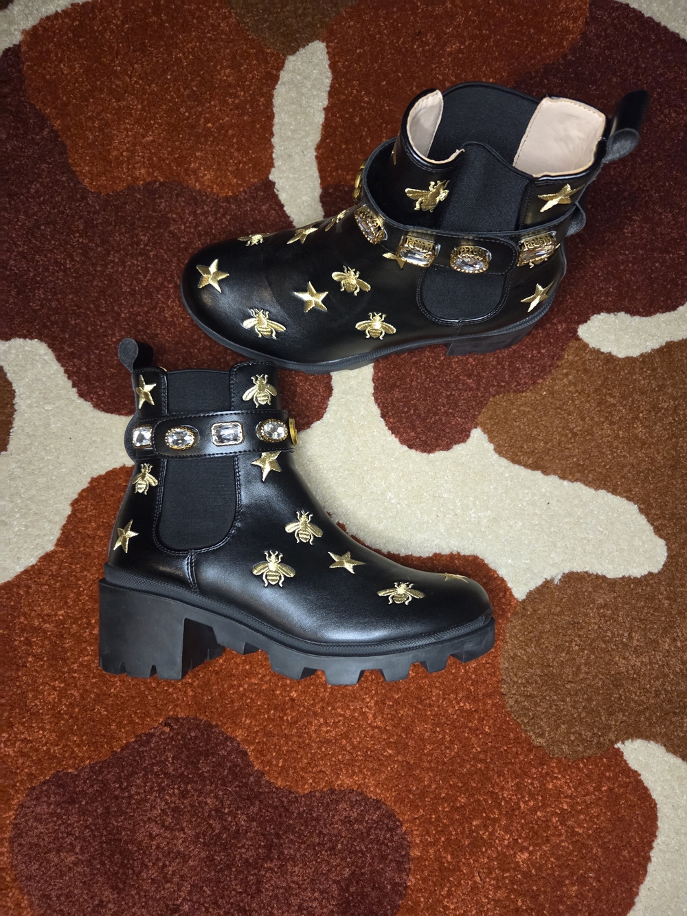 Black Ankle Boots with Gold Bee & Star Embellishments